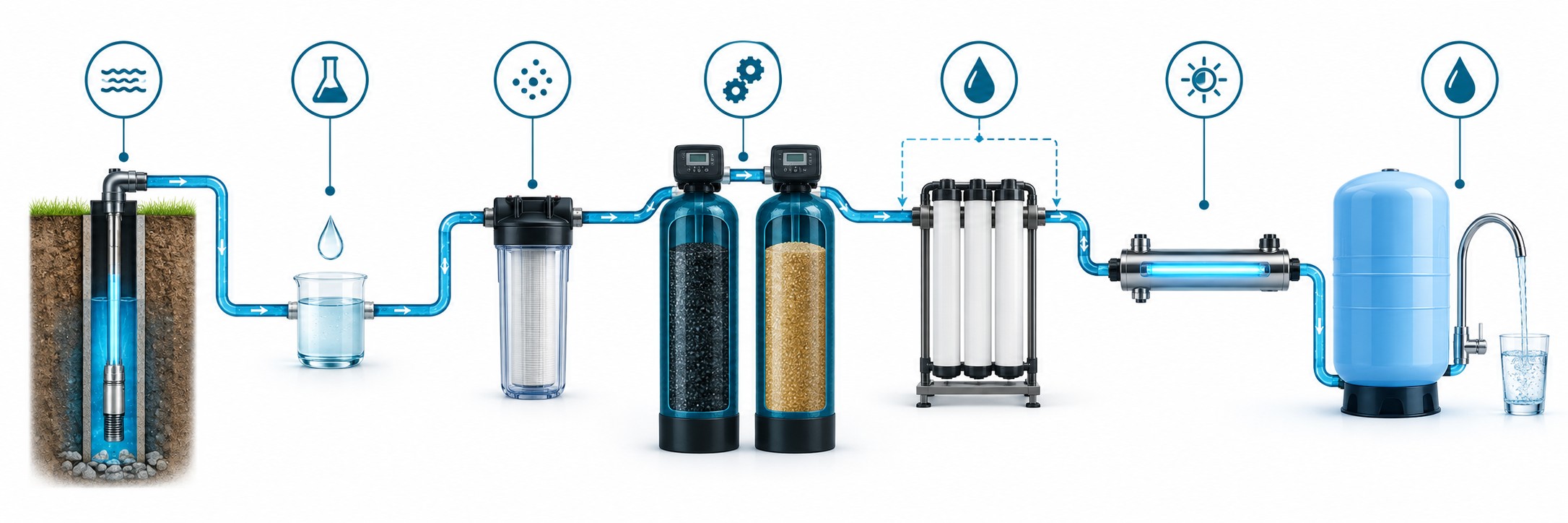 Exemple de chaîne de traitement d'une eau de puits ou de forage du captage jusqu'au robinet